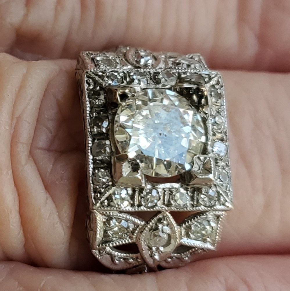 Platinum pave diamond ring Art Deco 1.25 Center diamond